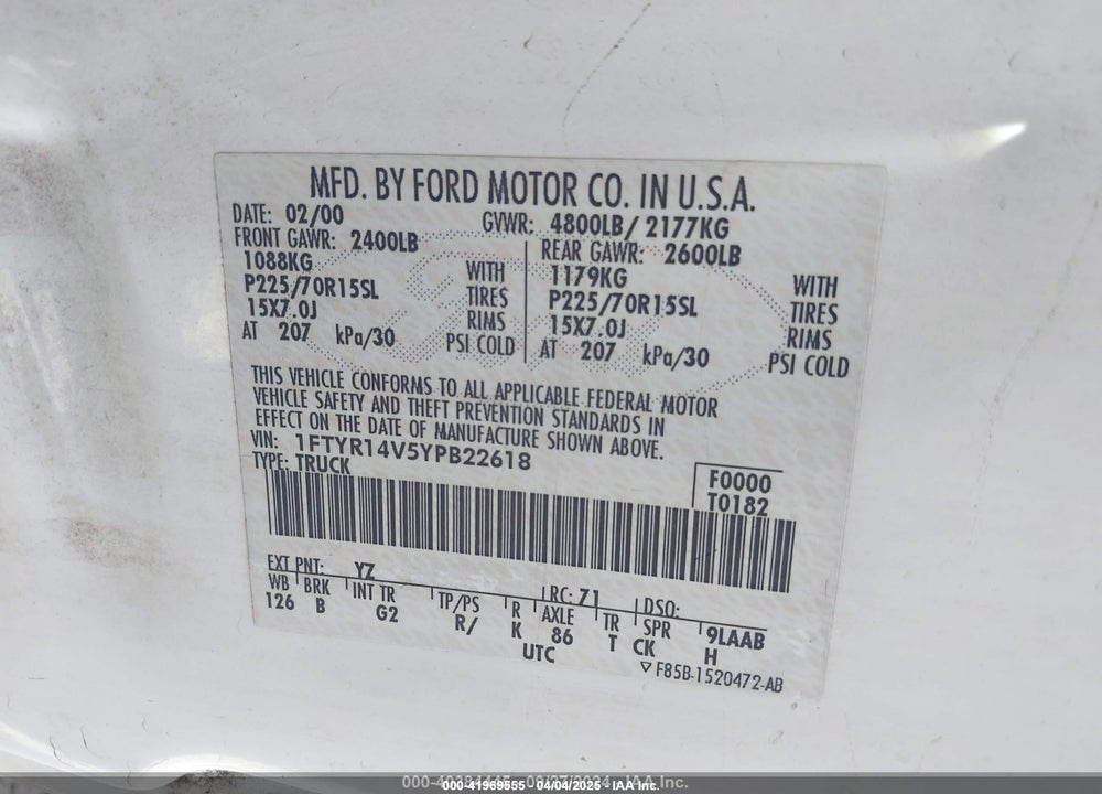 2000 FORD RANGER VIN: 1FTYR14V5YPB22618