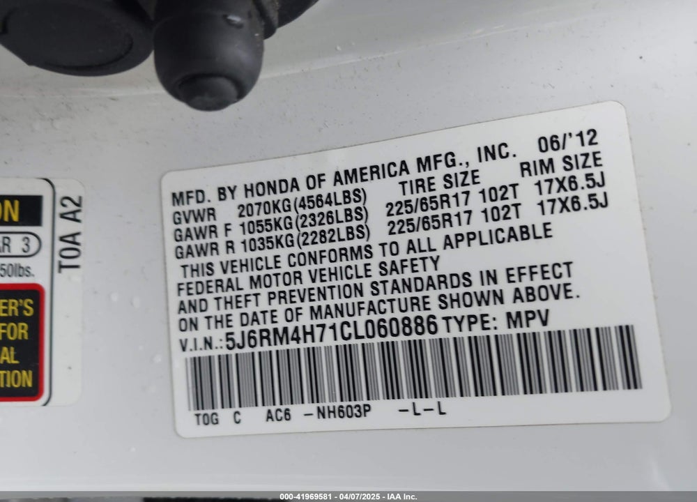 2012 HONDA CR-V VIN: 5J6RM4H71CL060886