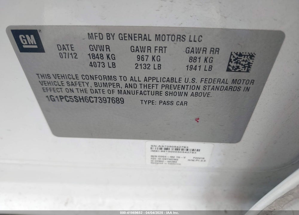 2012 CHEVROLET CRUZE VIN: 1G1PC5SH6C7397689
