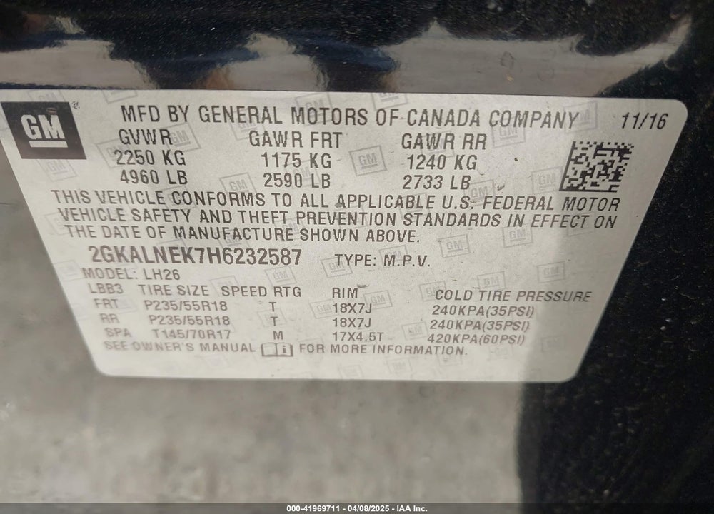 2017 GMC TERRAIN SLE-2 VIN: 2GKALNEK7H6232587