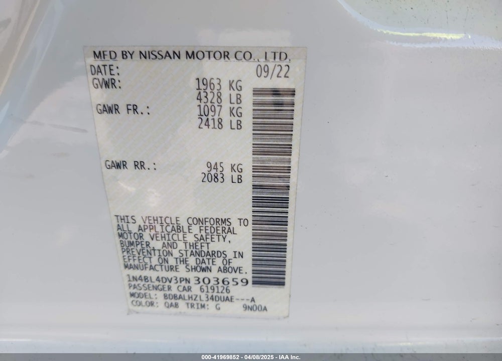 2023 NISSAN ALTIMA VIN: 1N4BL4DV3PN303659