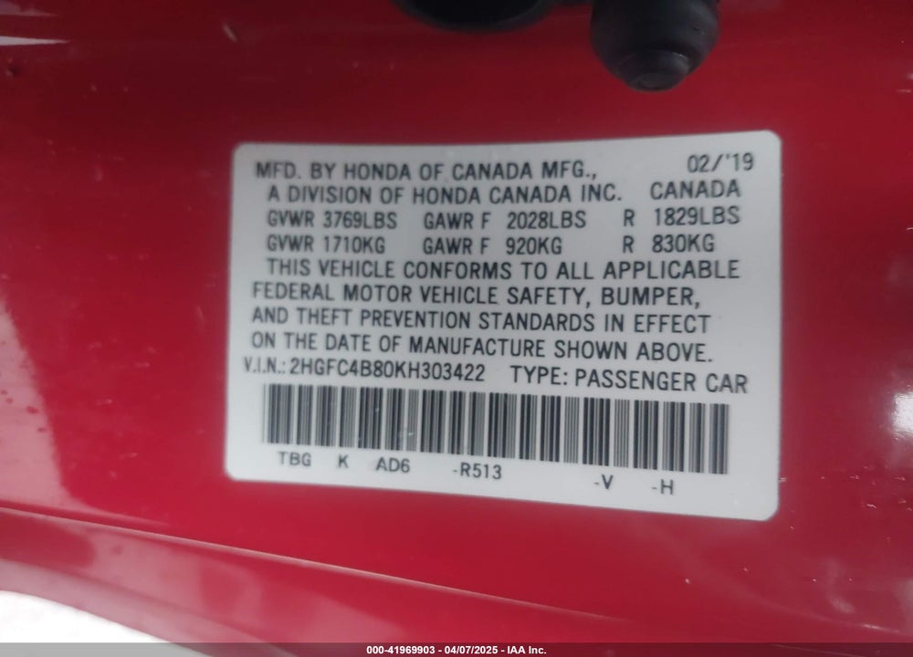 2019 HONDA CIVIC VIN: 2HGFC4B80KH303422