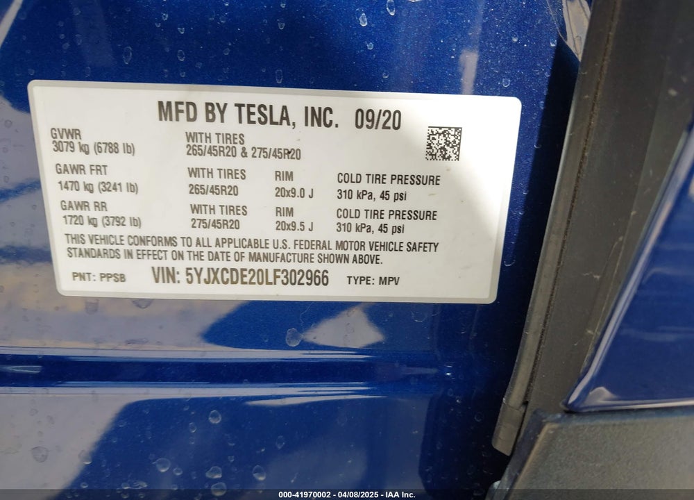 2020 TESLA MODEL X VIN: 5YJXCDE20LF302966