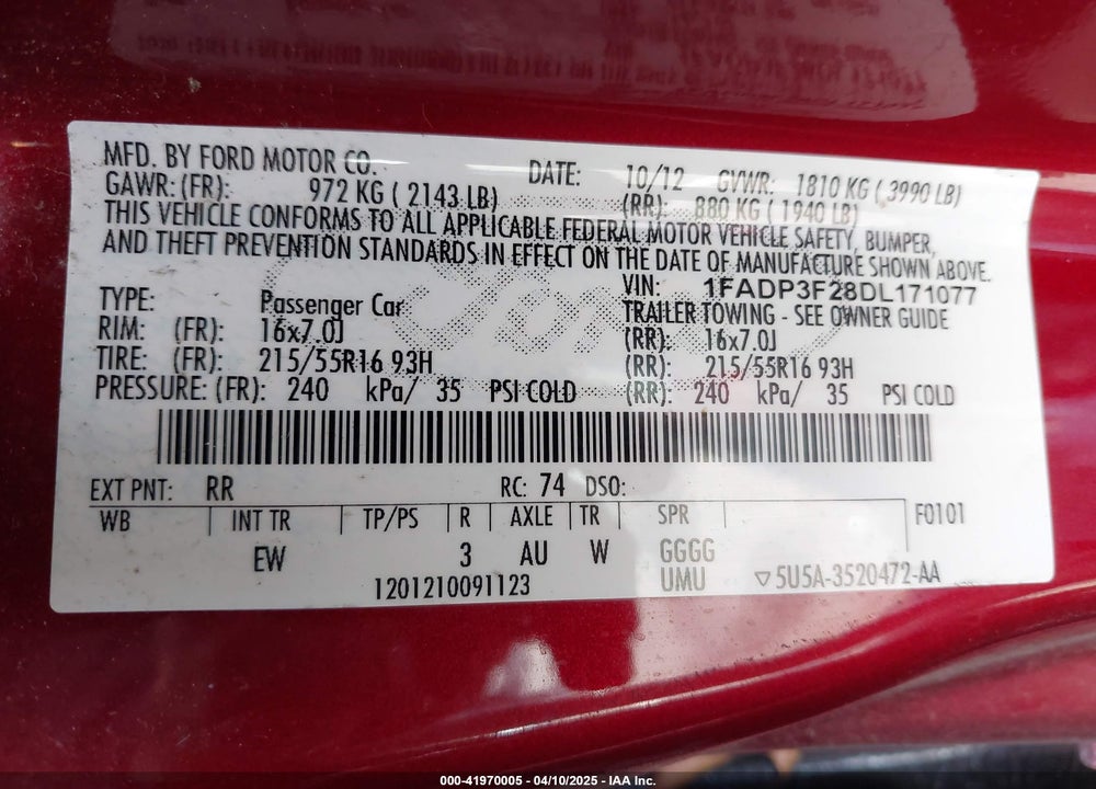 2013 FORD FOCUS VIN: 1FADP3F28DL171077