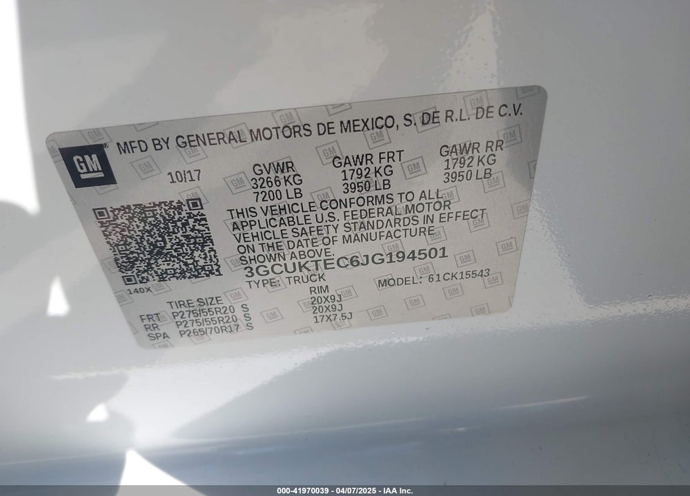 2018 CHEVROLET SILVERADO 1500 HIGH COUNTRY VIN: 3GCUKTEC6JG194501