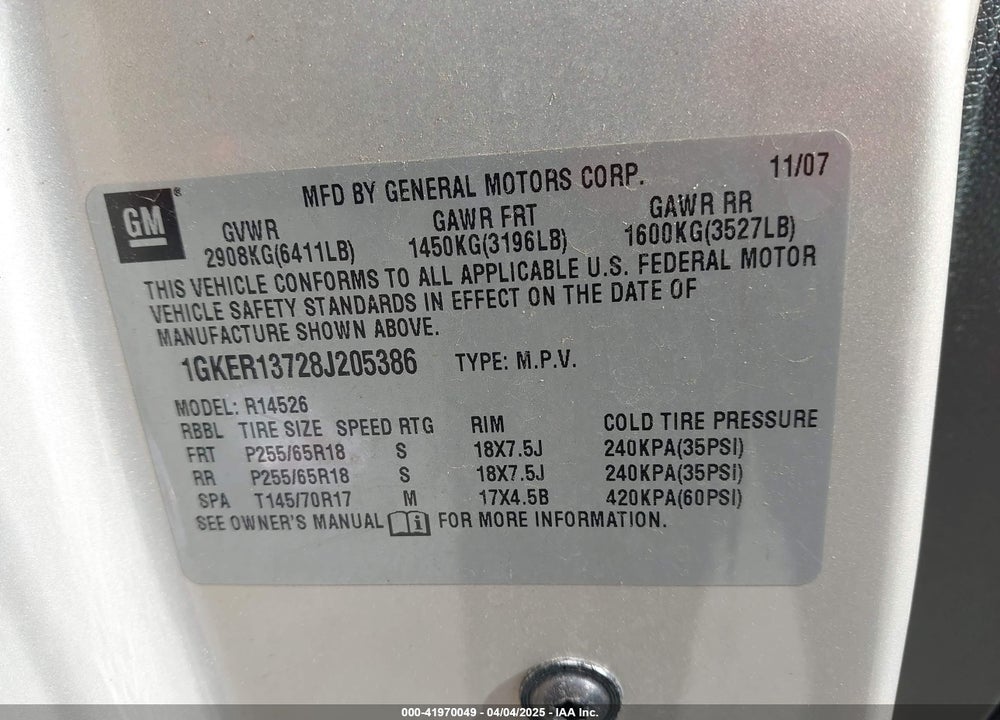2008 GMC ACADIA VIN: 1GKER13728J205386