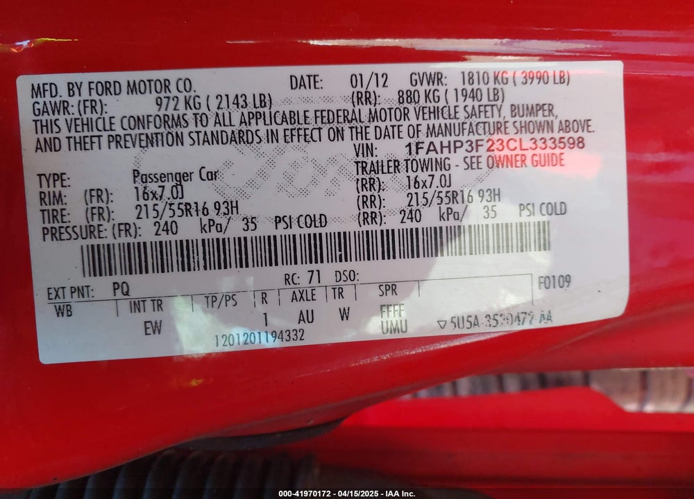 2012 FORD FOCUS SE VIN: 1FAHP3F23CL333598