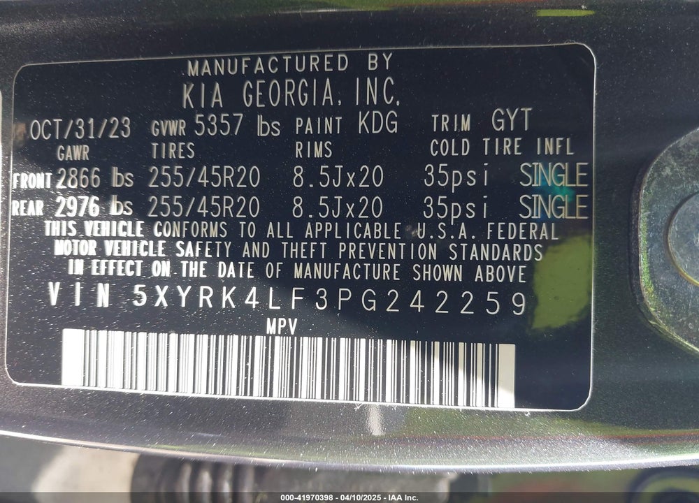 2023 KIA SORENTO SX VIN: 5XYRK4LF3PG242259