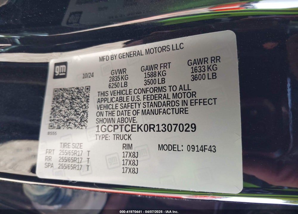 2024 CHEVROLET COLORADO LT VIN: 1GCPTCEK0R1307029