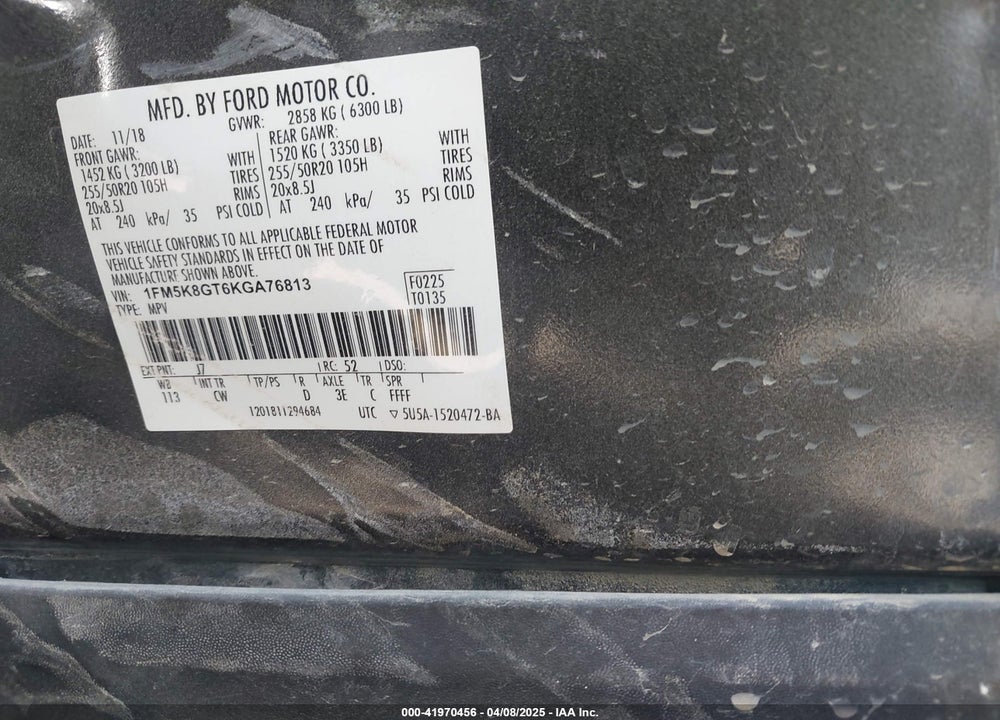 2019 FORD EXPLORER SPORT VIN: 1FM5K8GT6KGA76813
