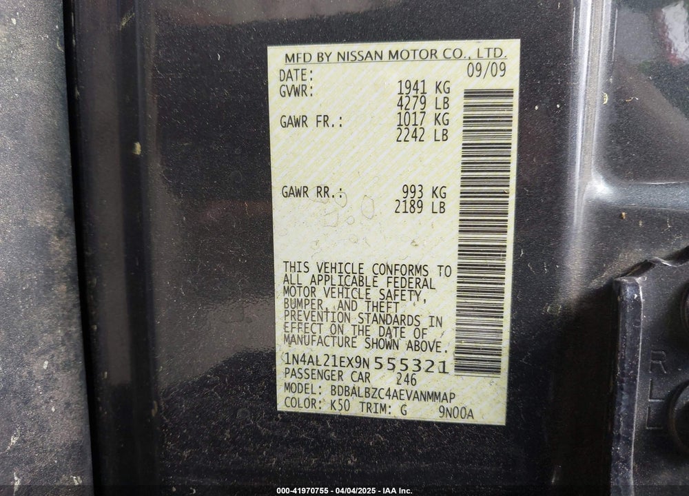 2009 NISSAN ALTIMA 2.5 S VIN: 1N4AL21EX9N555321