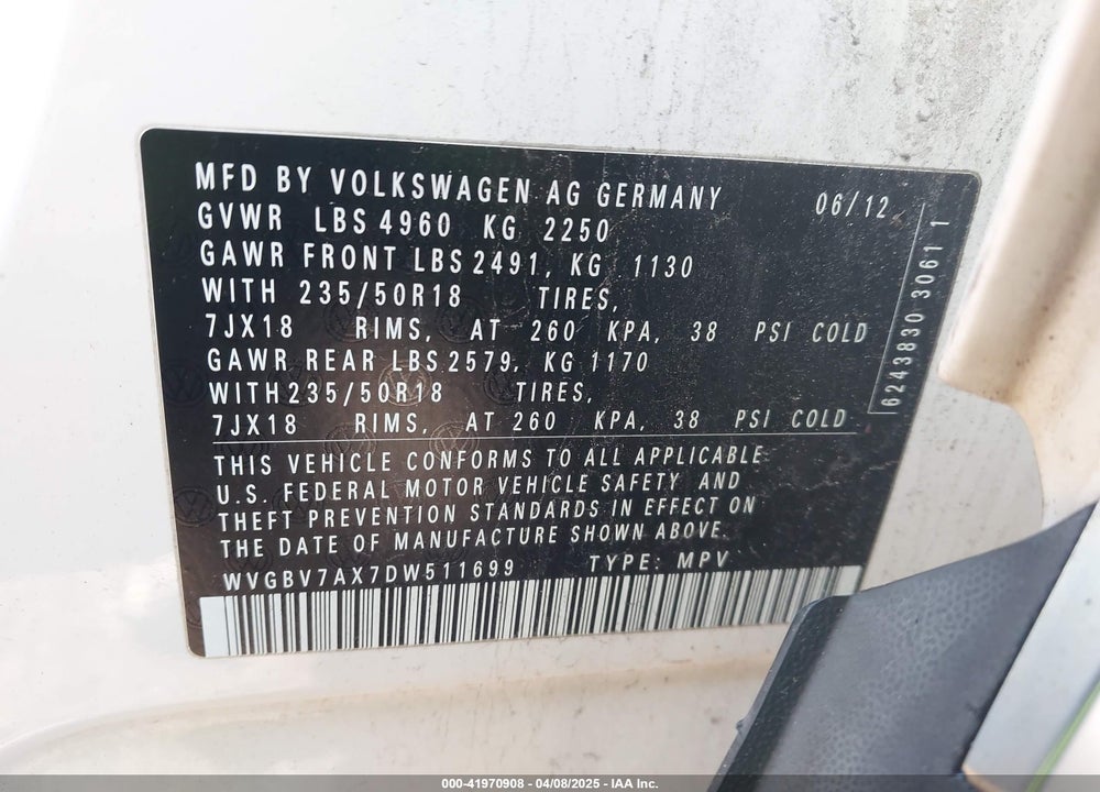 2013 VOLKSWAGEN TIGUAN VIN: WVGBV7AX7DW511699