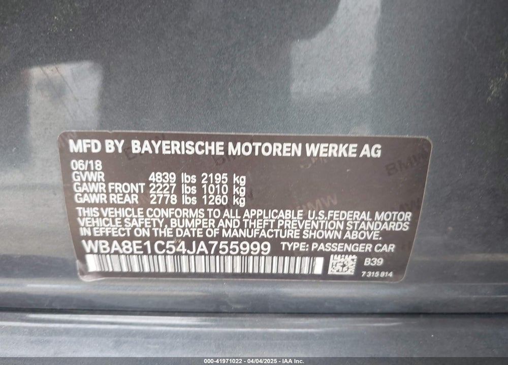 2018 BMW 330E VIN: WBA8E1C54JA755999