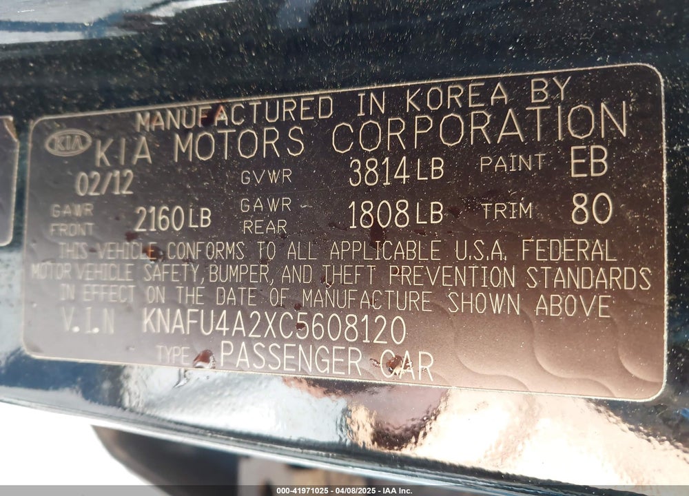2012 KIA FORTE EX VIN: KNAFU4A2XC5608120