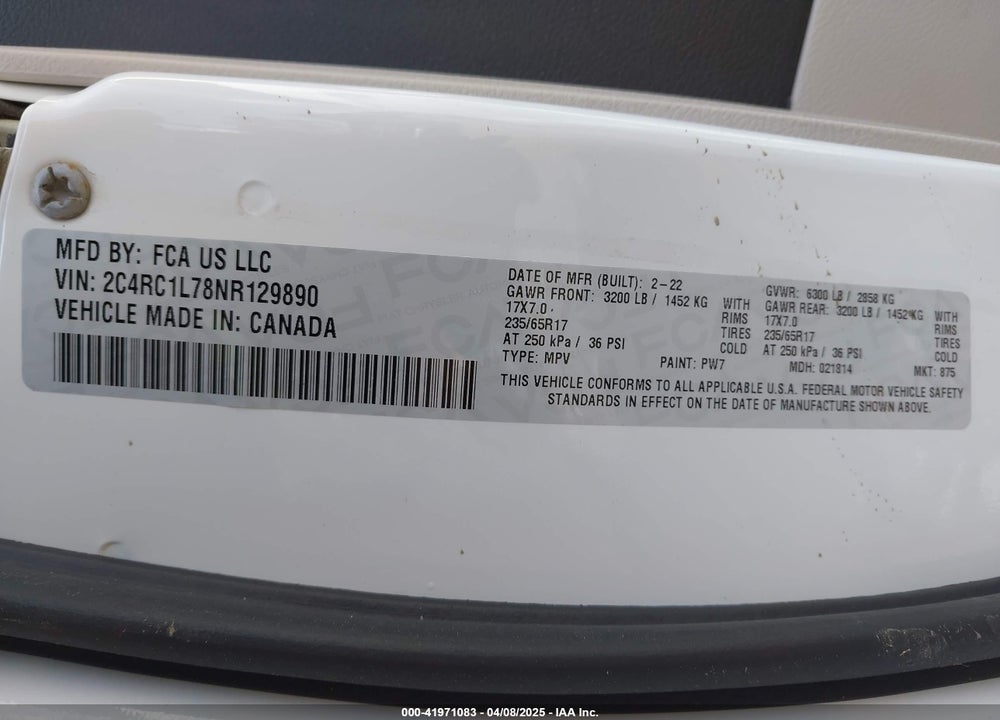 2022 CHRYSLER PACIFICA HYBRID TOURING L VIN: 2C4RC1L78NR129890