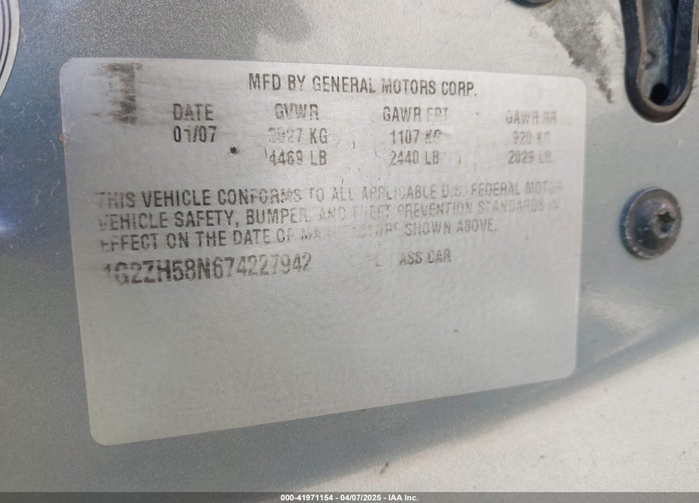 2007 PONTIAC G6 VIN: 1G2ZH58N674227942