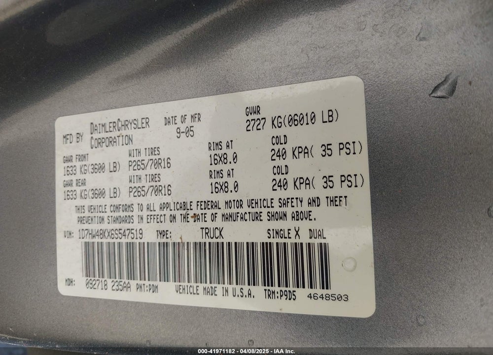 2006 DODGE DAKOTA VIN: 1D7HW48KX6S547519