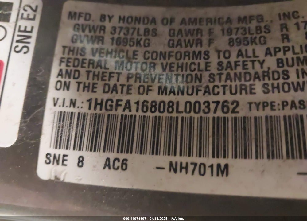 2008 HONDA CIVIC EX VIN: 1HGFA16808L003762