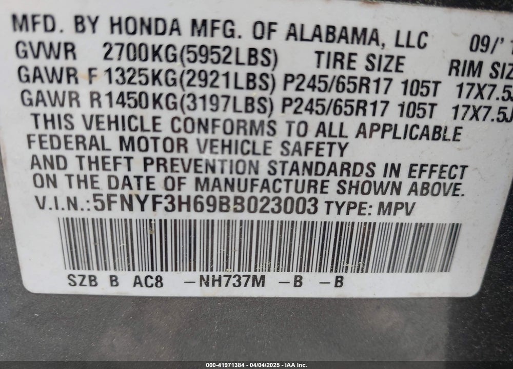 2011 HONDA PILOT VIN: 5FNYF3H69BB023003