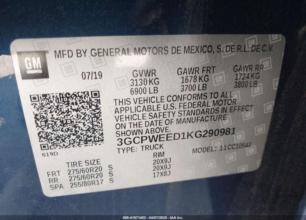 2019 CHEVROLET SILVERADO 1500 VIN: 3GCPWEED1KG290981