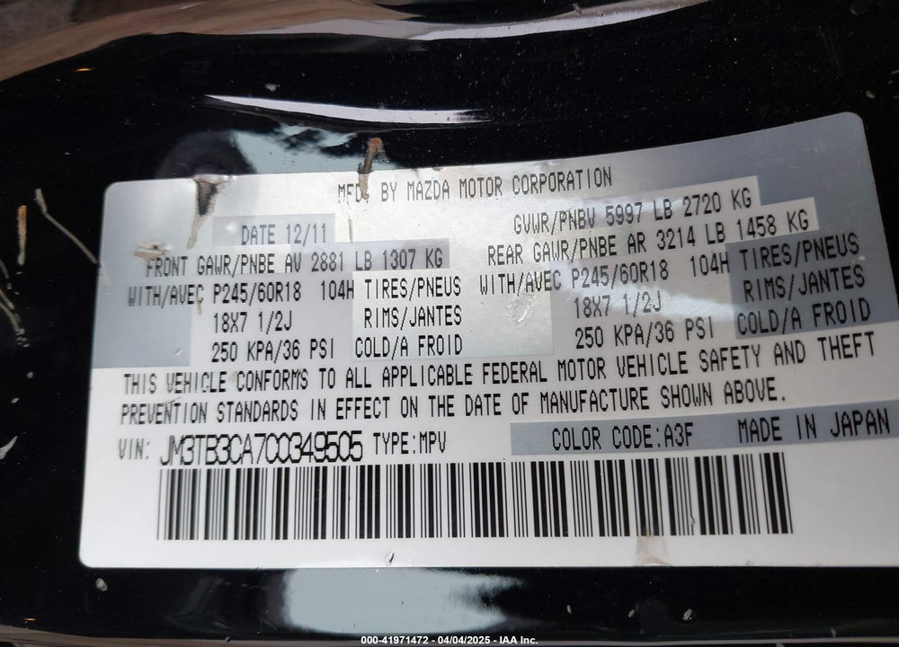 2012 MAZDA CX-9 TOURING VIN: JM3TB3CA7C0349505