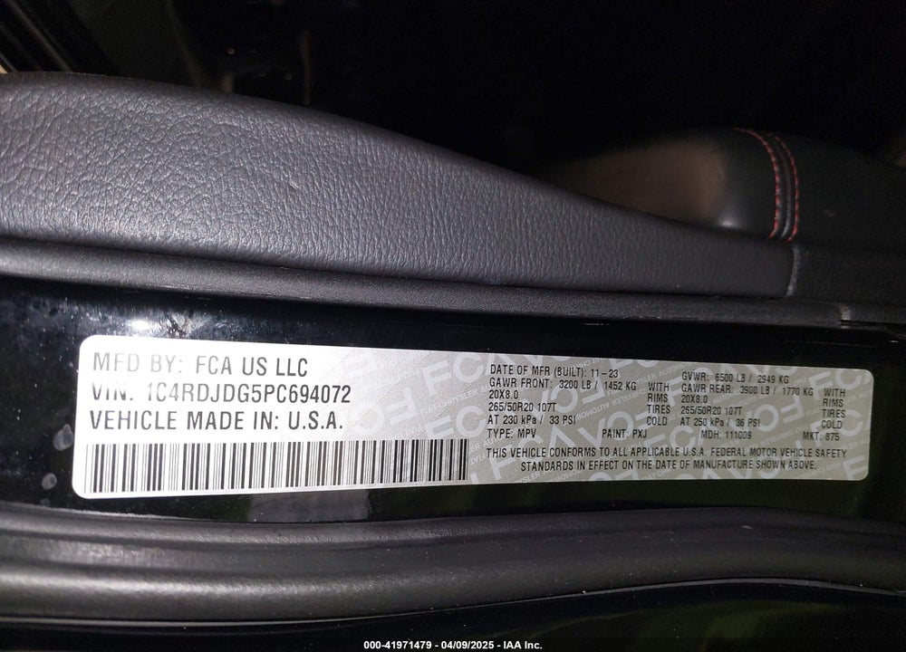 2023 DODGE DURANGO VIN: 1C4RDJDG5PC694072