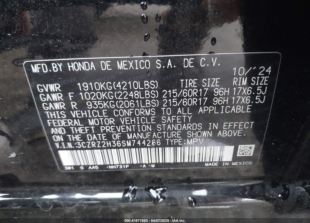2025 HONDA HR-V AWD LX VIN: 3CZRZ2H36SM744266