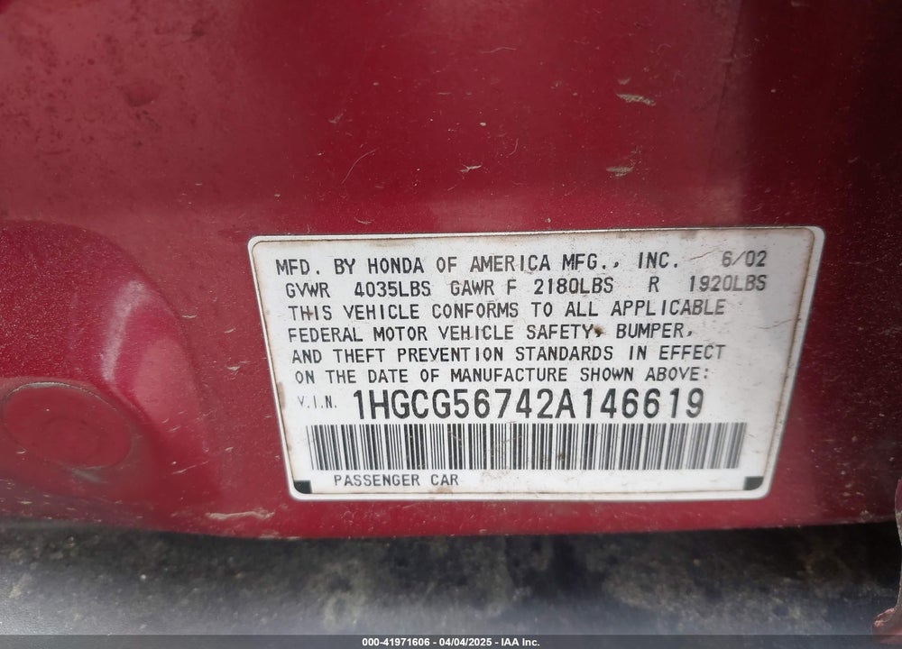2002 HONDA ACCORD VIN: 1HGCG56742A146619