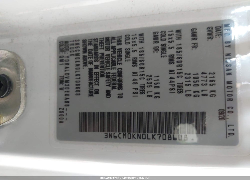 2020 NISSAN NV200  CARGO S XTRONIC CVT VIN: 3N6CM0KN0LK708608