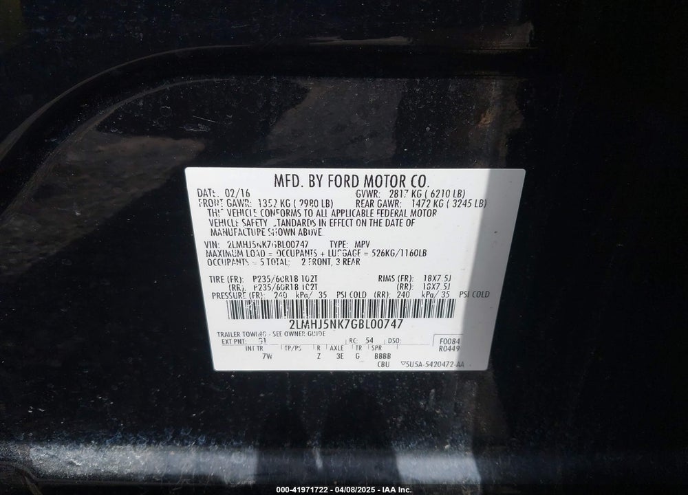 2016 LINCOLN MKT VIN: 2LMHJ5NK7GBL00747