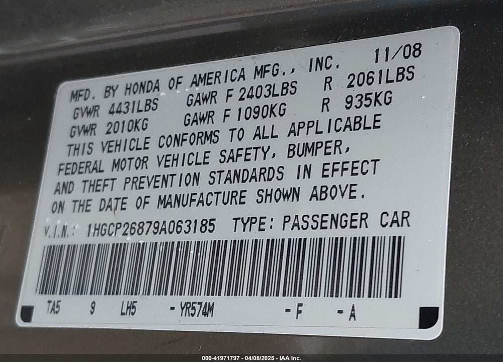 2009 HONDA ACCORD VIN: 1HGCP26879A063185