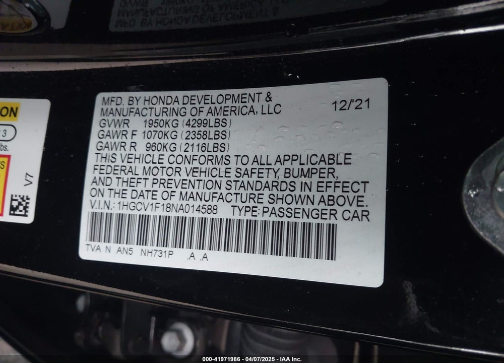 2022 HONDA ACCORD VIN: 1HGCV1F18NA014588