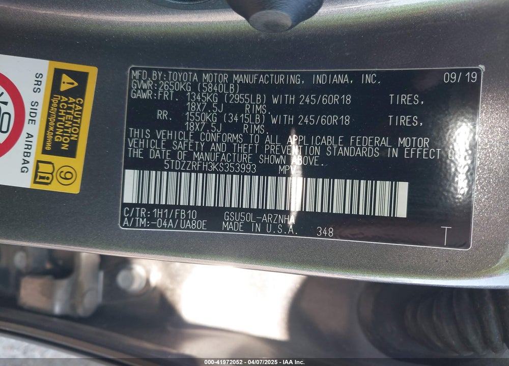 2019 TOYOTA HIGHLANDER VIN: 5TDZZRFH3KS353993