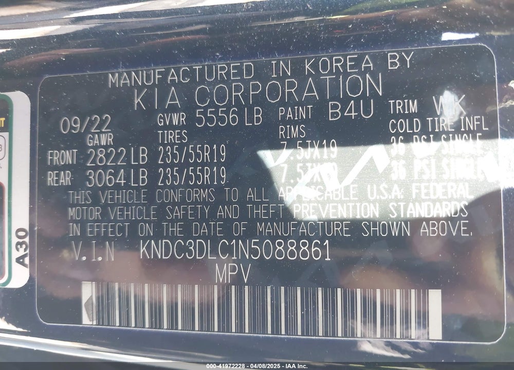2022 KIA EV6 VIN: KNDC3DLC1N5088861