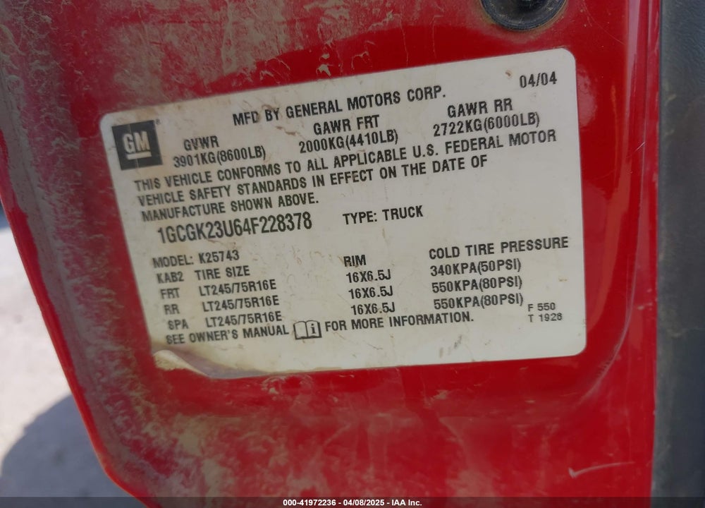 2004 CHEVROLET SILVERADO 2500 VIN: 1GCGK23U64F228378