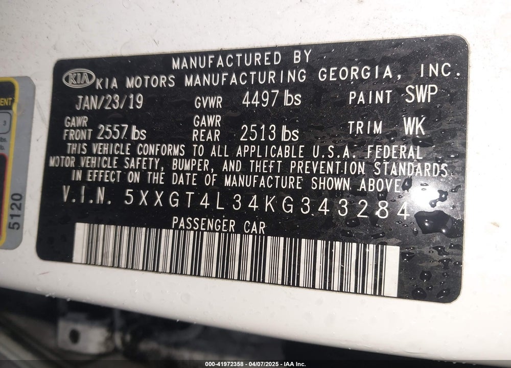 2019 KIA OPTIMA VIN: 5XXGT4L34KG343284