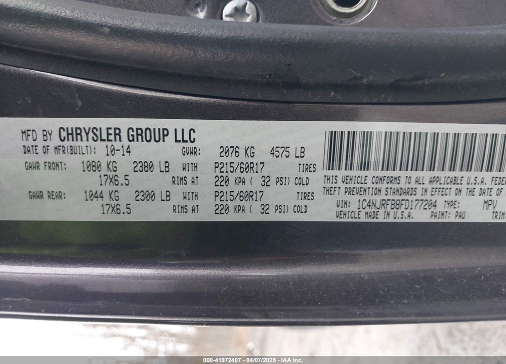 2015 JEEP PATRIOT VIN: 1C4NJRFB8FD177204