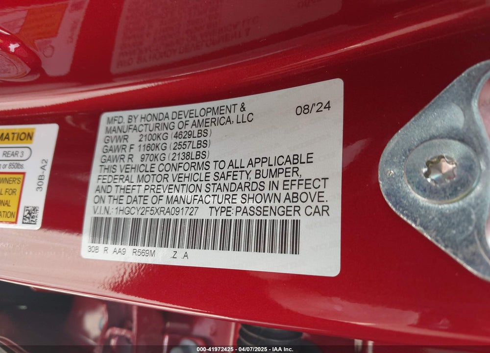 2024 HONDA ACCORD HYBRID SPORT VIN: 1HGCY2F5XRA091727