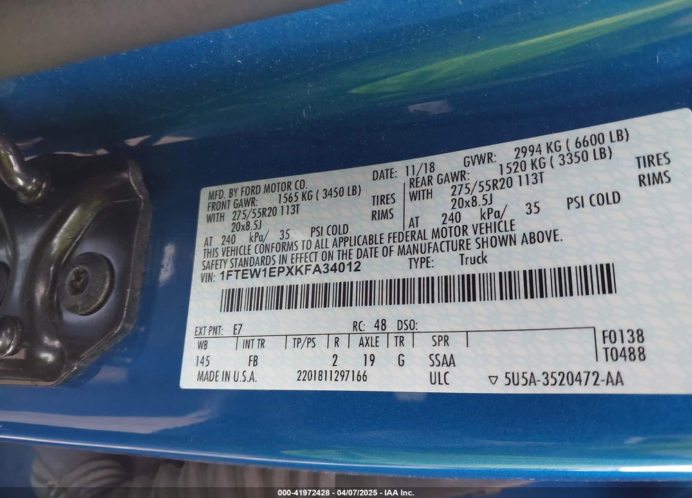 2019 FORD F-150 VIN: 1FTEW1EPXKFA34012
