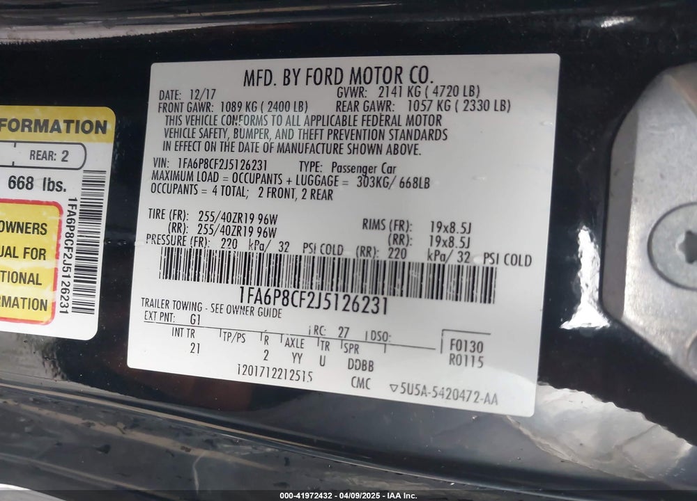 2018 FORD MUSTANG GT VIN: 1FA6P8CF2J5126231