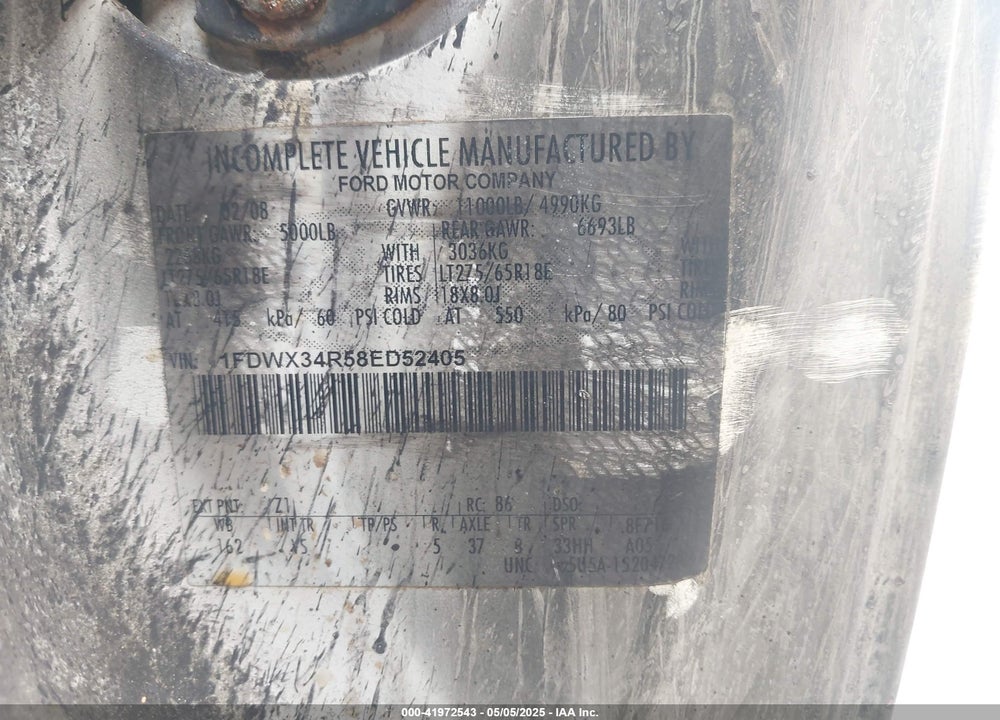 2008 FORD F-350 CHASSIS LARIAT/XL/XLT VIN: 1FDWX34R58ED52405