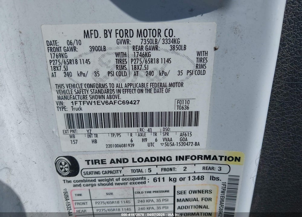 2010 FORD F150 SUPERCREW VIN: 1FTFW1EV6AFC69427