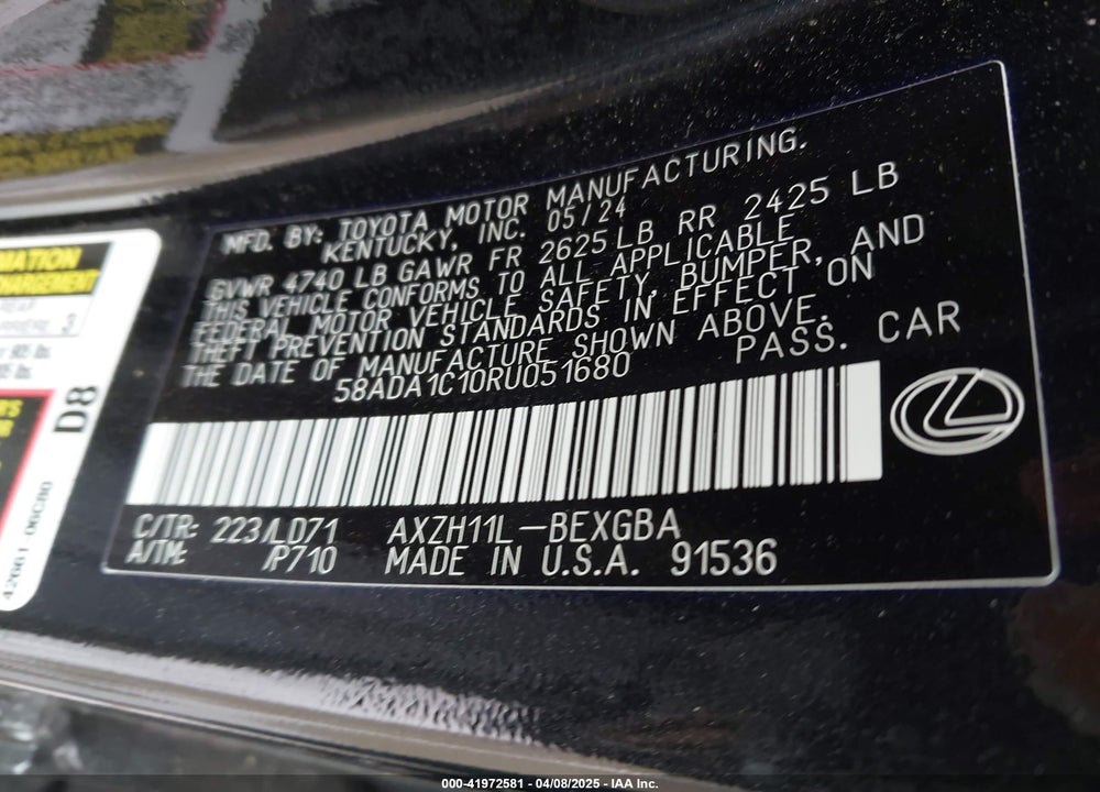 2024 LEXUS ES 300H VIN: 58ADA1C10RU051680