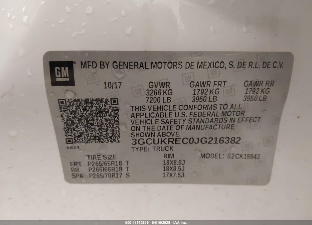 2018 CHEVROLET SILVERADO 1500 2LT VIN: 3GCUKREC0JG216382