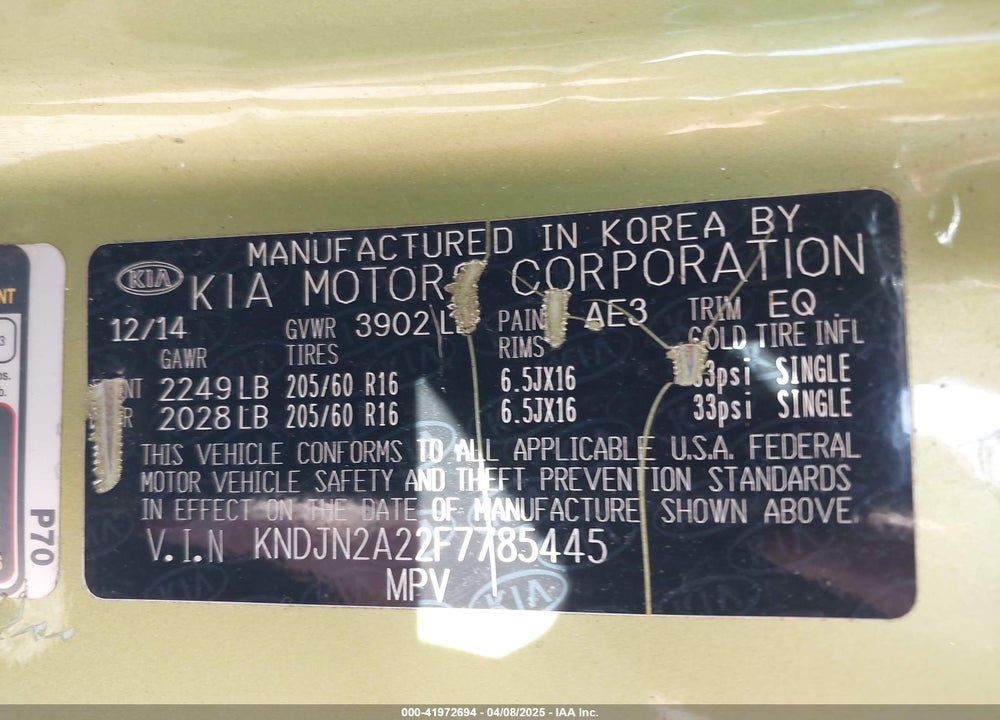 2015 KIA SOUL VIN: KNDJN2A22F7785445