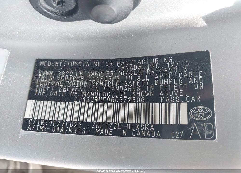 2016 TOYOTA COROLLA VIN: 2T1BURHE9GC572606