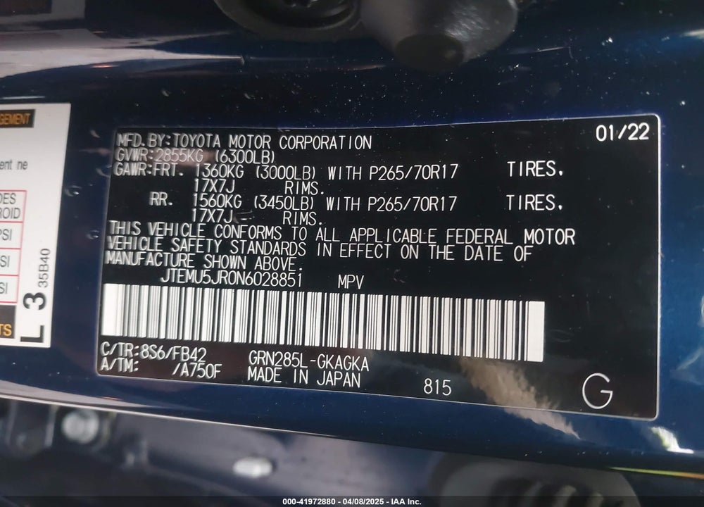2022 TOYOTA 4RUNNER SR5 VIN: JTEMU5JR0N6028851