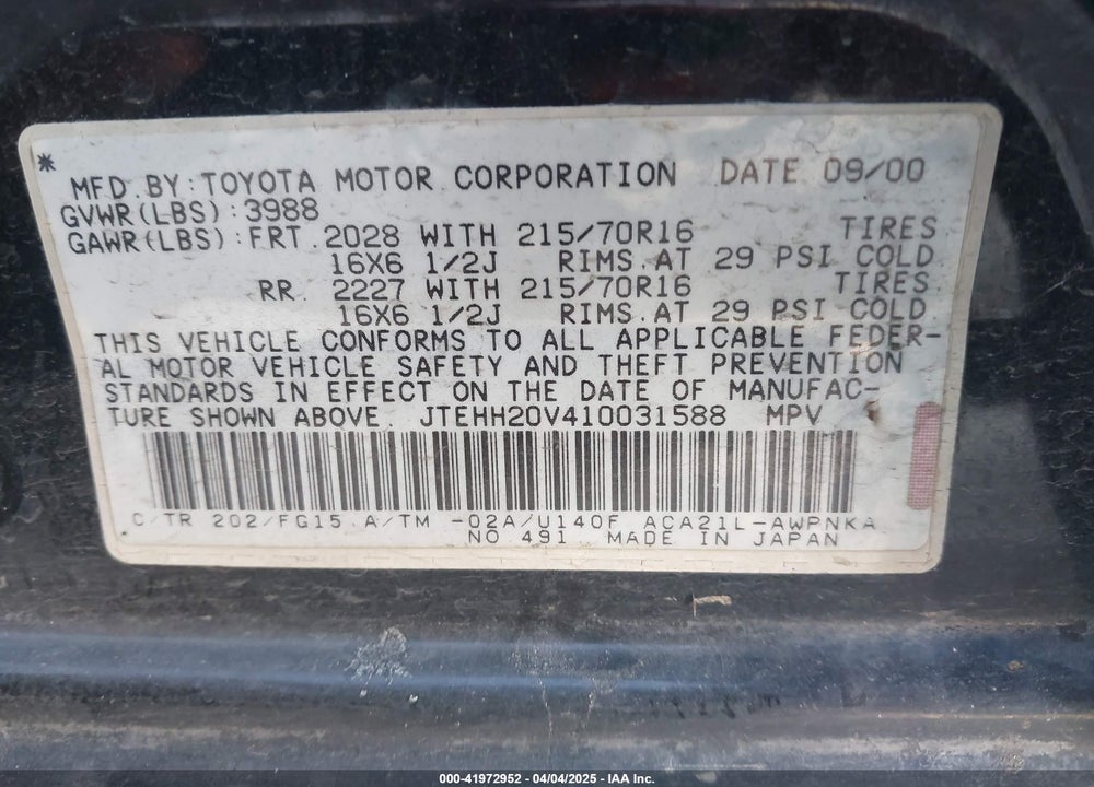 2001 TOYOTA RAV4 VIN: JTEHH20V410031588
