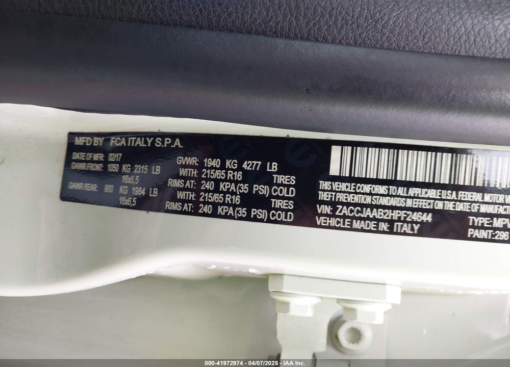 2017 JEEP RENEGADE VIN: ZACCJAAB2HPF24644