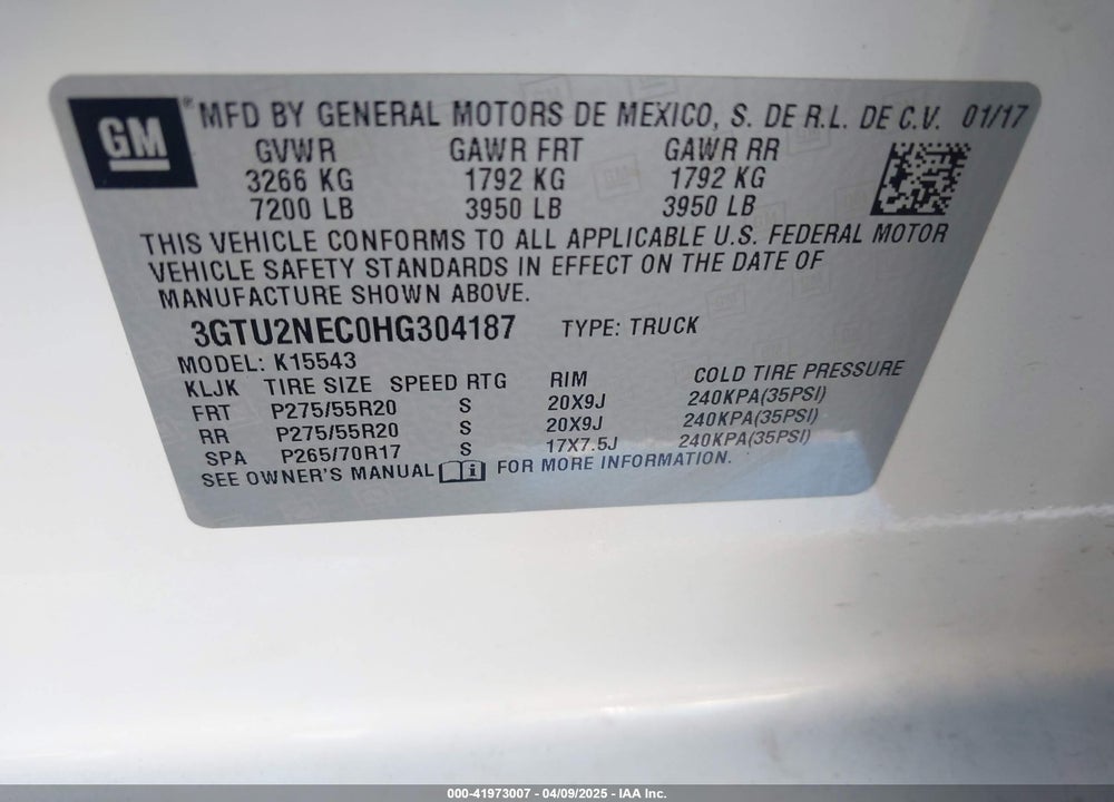 2017 GMC SIERRA 1500 VIN: 3GTU2NEC0HG304187